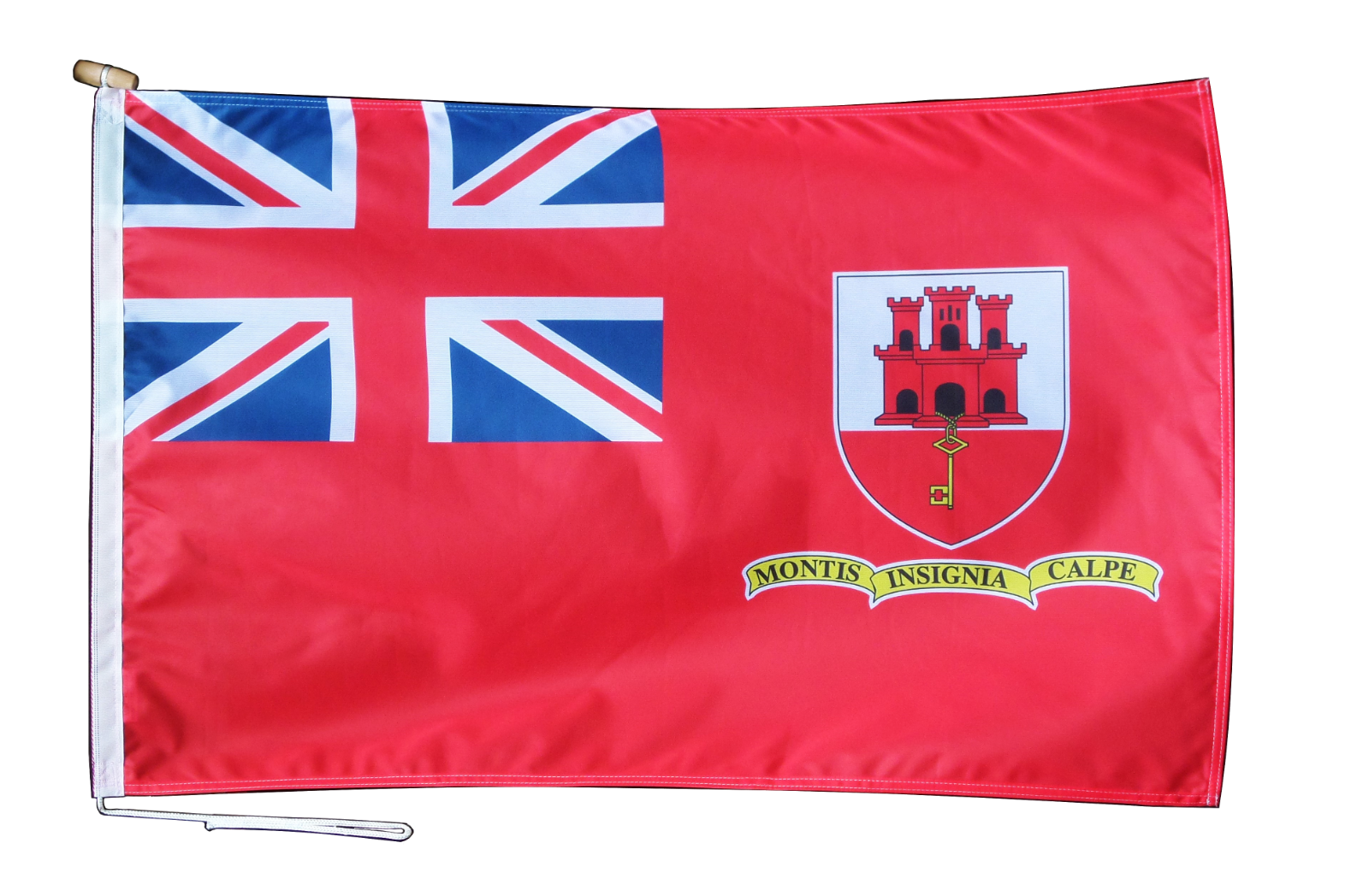 The Gibraltar red ensign: a red flag with the Union flag in the canton and the arms of Gibraltar in the fly.
